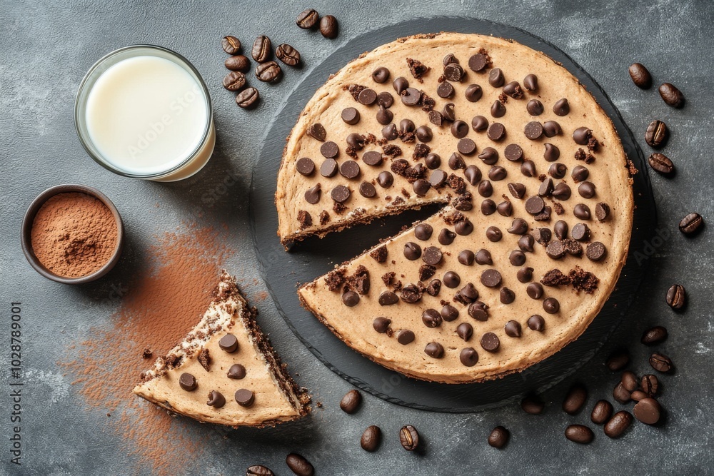 Chocolate coffee cake with toppings displayed on a dark surface alongside milk and chocolate bars Chocolate coffee cake with toppings displayed on a dark surface alongside milk and chocolate bars