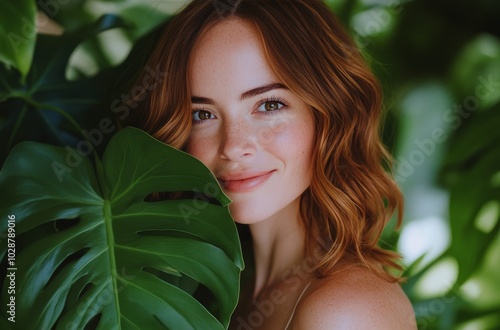 A young woman smiles while posing with lush green leaves in a tropical settin...
