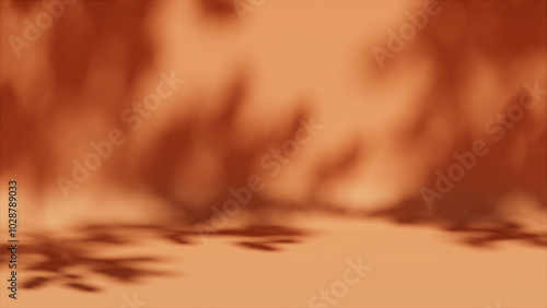 3D background display, natural tree leaf shadow orange backdrop. Nature product promotion beauty cosmetics . Autumn Studio Minimal showcase 3D render advertisement.	
