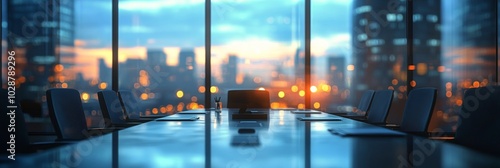 Business meeting setup in a modern conference room during twilight hours