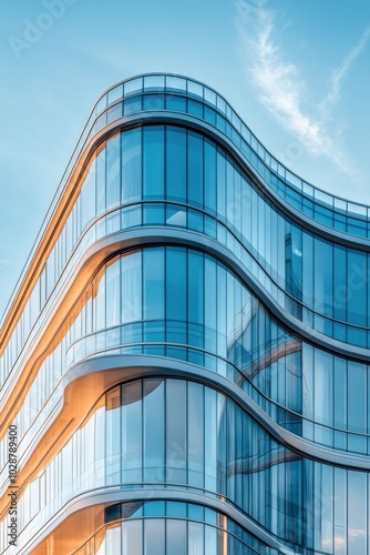 Modern skyscraper with curved glass facade reflecting sunset in an urban land...