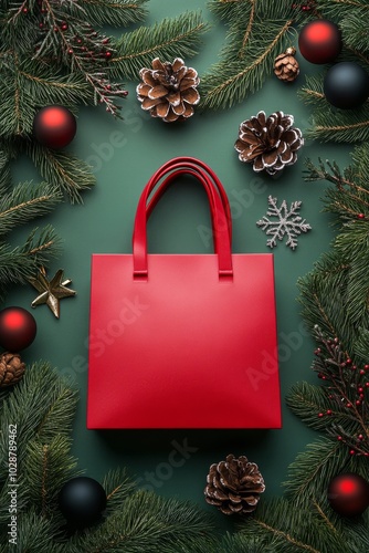 Red shopping bag surrounded by holiday decorations on a green background