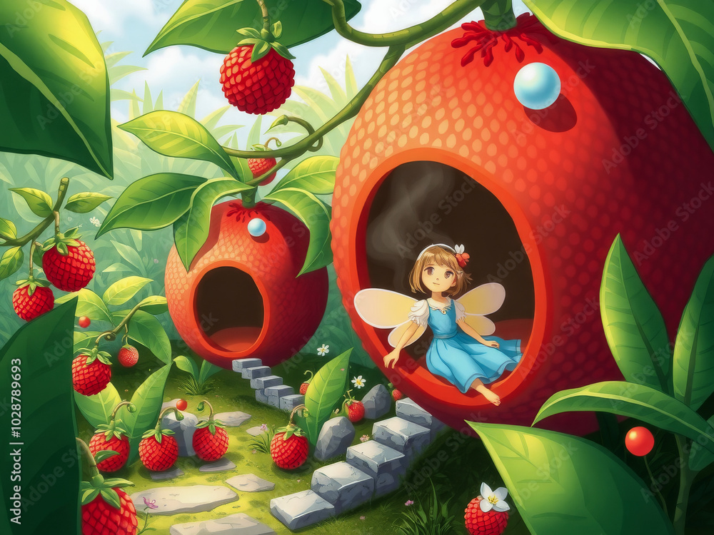 A girl is sitting in a red house made of strawberries. The house is surrounded by a garden of red strawberries