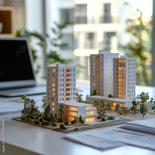 Architectural model of a modern building presented in an office during daylig...
