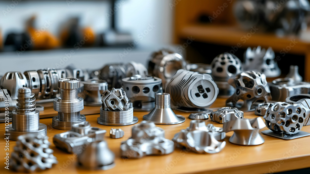 A collection of metallic components arranged on a wooden surface. A collection of metallic components arranged on a wooden surface.