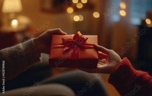 A person holding a beautifully wrapped red gift near a cozy fireplace during ...