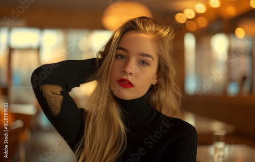 Pretty lady model with long blonde hair and red lipstick is posing for a picture. Elegant young blonde woman standing in a cozy cafe.