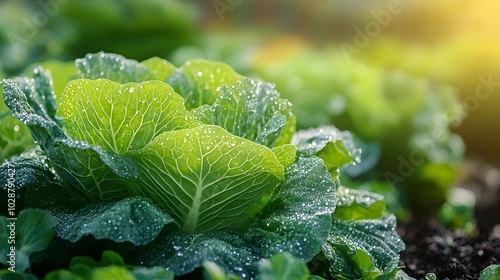 Fresh vibrant green cabbage with dew drops in a garden setting, sunlight bokeh highlighting the textured foliage of organic produce.