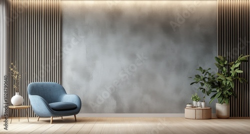 Modern living room with a cozy blue chair and indoor plants in a minimalist d...
