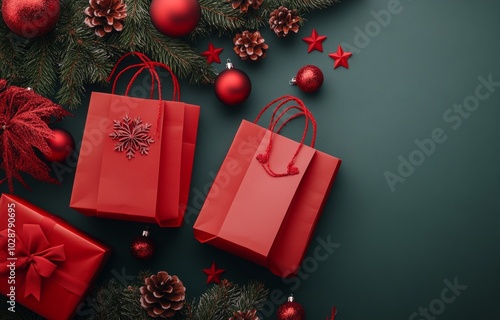 Festive holiday shopping bags surrounded by Christmas decorations on green ba...