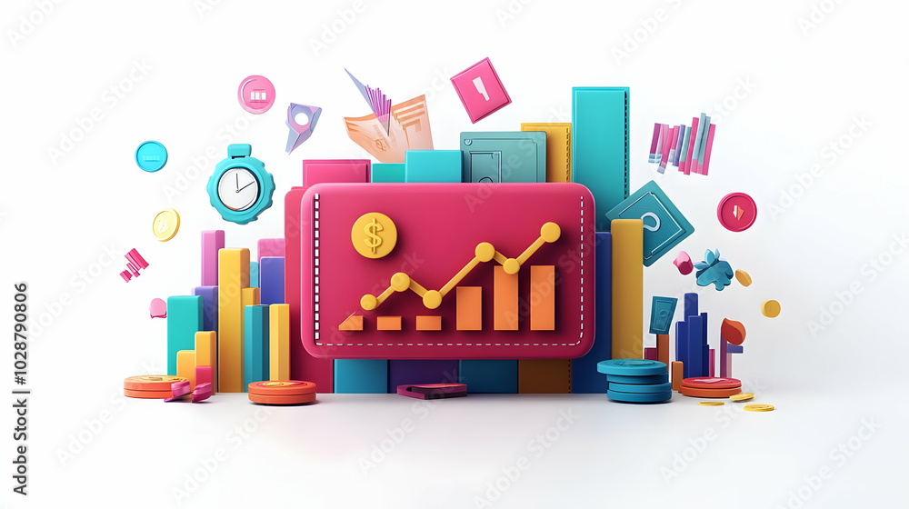 3D Floating Wallet Icon with Growth Symbols: Upward Arrows and Graphs on Isolated White Background for Financial Success and Business Growth 3D Floating Wallet Icon with Growth Symbols: Upward Arrows and Graphs on Isolated White Background for Financial Success and Business Growth