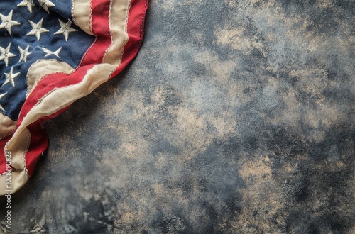 Tattered American flag displaying faded stars and worn fabric against a dark ...
