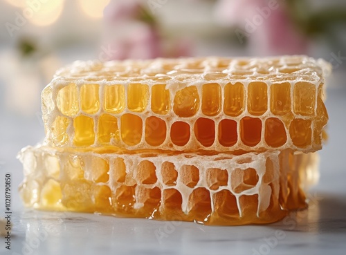 Freshly harvested honeycomb drizzled with golden honey on a clean white surface photo