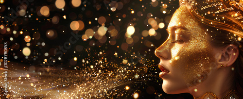 Golden glitter background with beautiful african american woman model, jewelry and pearls, gold particles flying in the air. Black banner for advertising design or fashion show banner