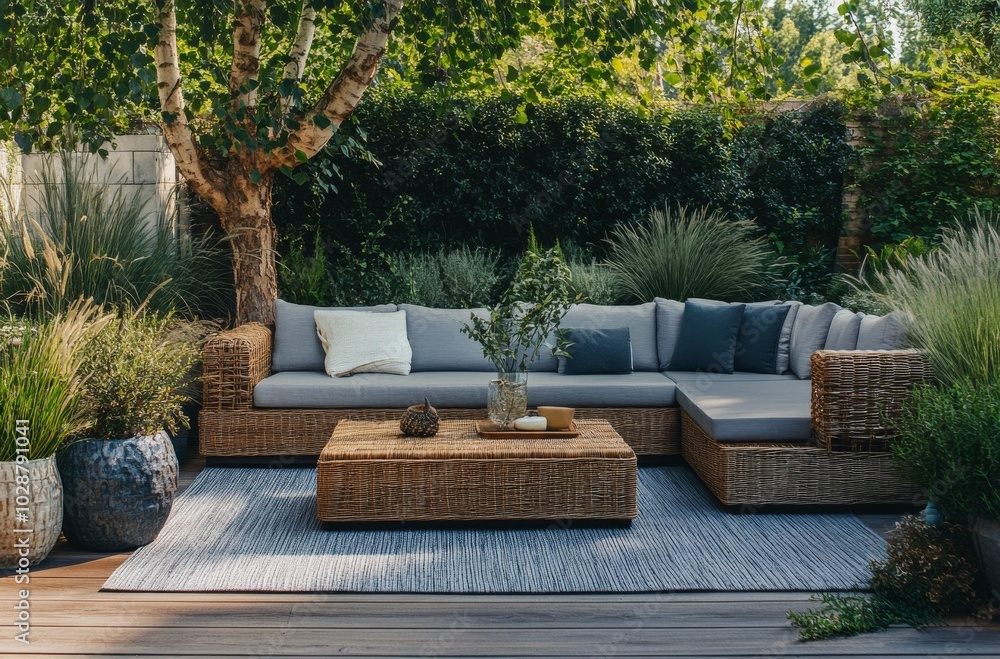 Cozy seating area in a serene garden surrounded by lush greenery and vibrant flowers Cozy seating area in a serene garden surrounded by lush greenery and vibrant flowers