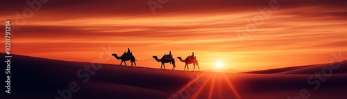 A serene sunset view with silhouettes of camels trekking across sand dunes, creating a tranquil desert atmosphere.