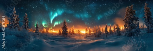 Stunning view of the northern lights illuminating a snowy landscape at dusk i...