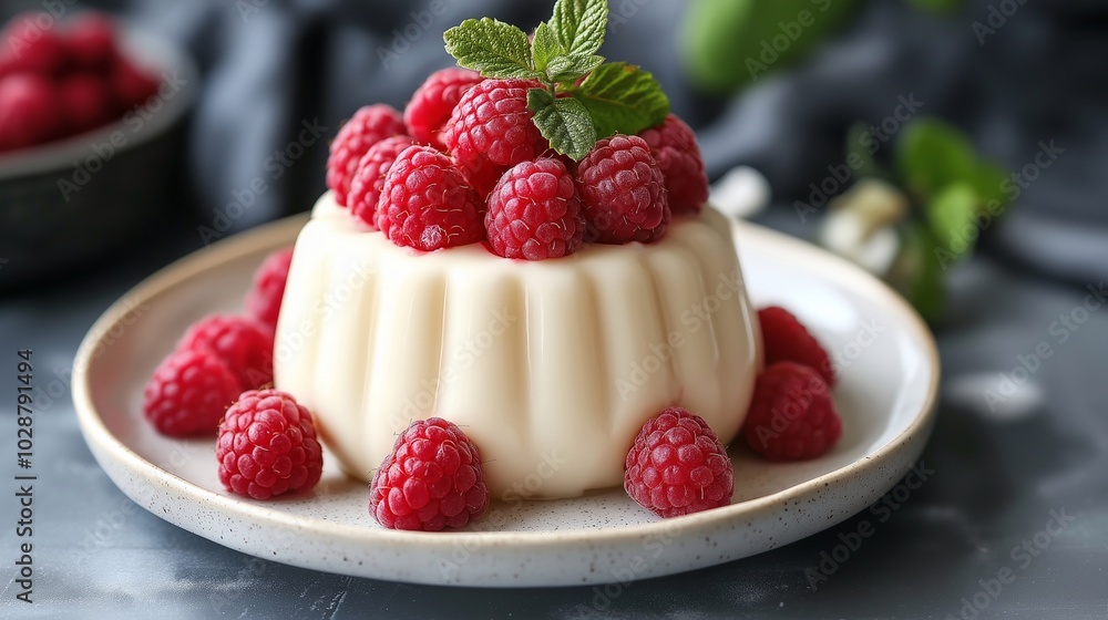 Pudding decorated with raspberries, dessert Pudding decorated with raspberries, dessert