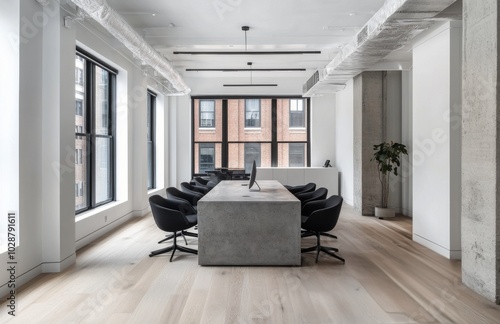 Modern conference room with large table and windows in a minimalist office space