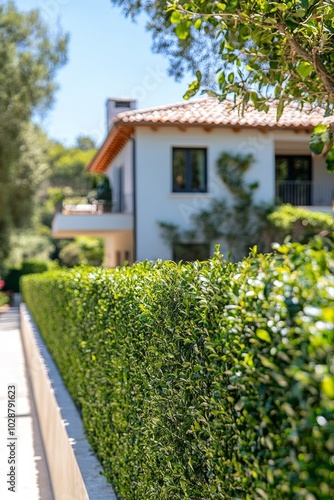 Neatly trimmed hedge bordering a driveway outside a modern house on a sunny day