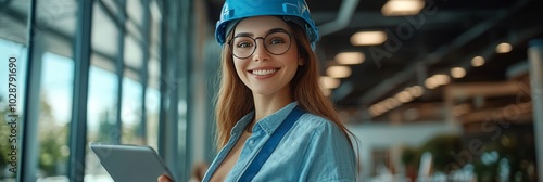 Young engineer wearing a blue hard hat smiles while holding a tablet in a mod...