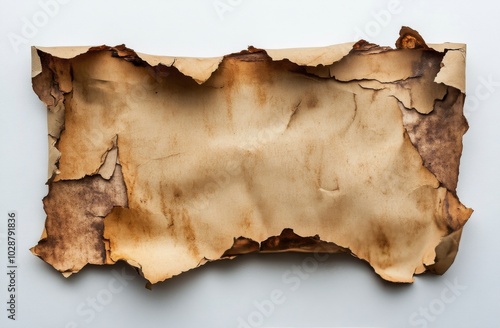 Crumpled brown paper with torn edges lying flat on a white background