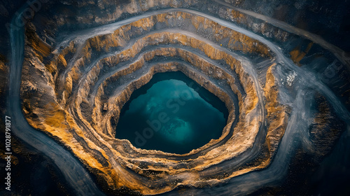 Aerial view of a deep mining pit with turquoise water at the bottom.