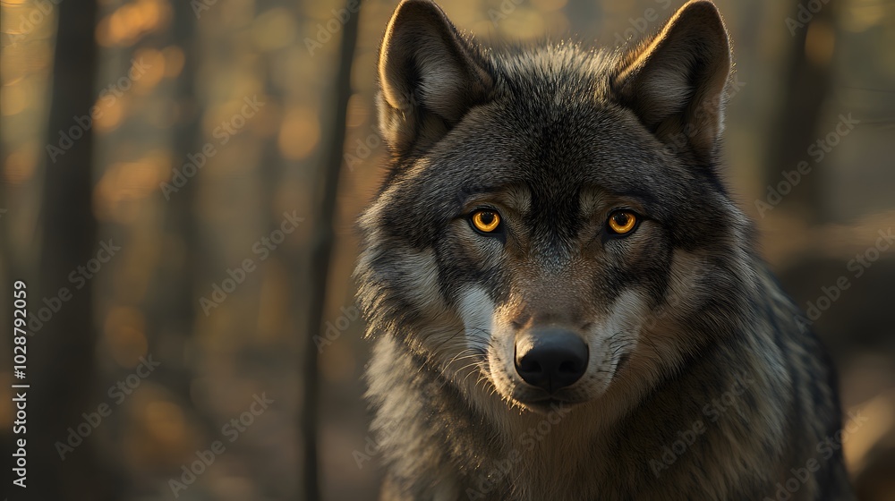 A majestic gray wolf with piercing yellow eyes in a dense forest, natural wildlife portrait with soft bokeh and earthy tones in its habitat. A majestic gray wolf with piercing yellow eyes in a dense forest, natural wildlife portrait with soft bokeh and earthy tones in its habitat.