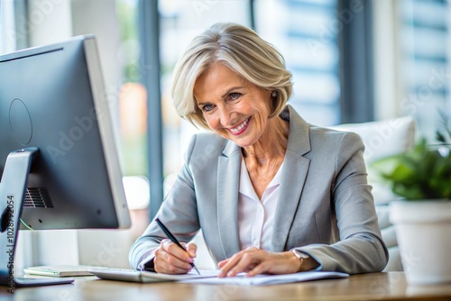 Smiling Caucasian businesswoman signing document at her desk