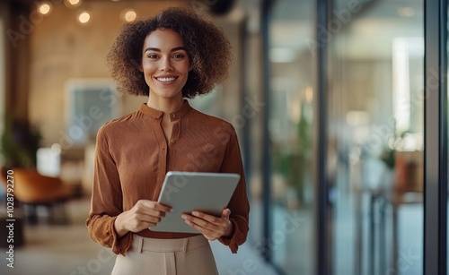 A confident woman smiles while holding a tablet in a modern office setting during the day photo