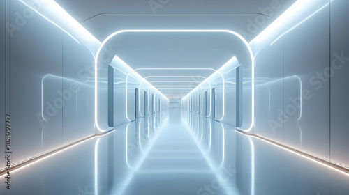 Futuristic 3D Corridor with LED Lighting - Glossy Floors & Walls, Perfect for Tech & Sci-Fi Promotions, Ample Copy Space for Graphics