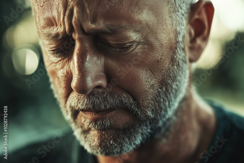 A close-up portrait of a middle-aged man with a distressed expression, eyes closed, visibly overwhelmed by emotional pain or sorrow photo