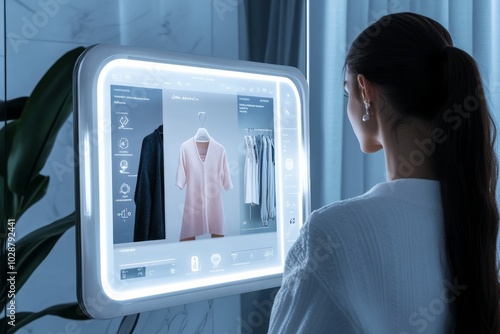 UI design of a Smart Mirror that recommends clothes based on a woman's reflection.
