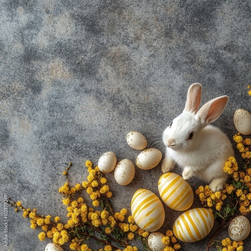 A white rabbit beside decorated eggs and spring blooms on a textured gray sur...