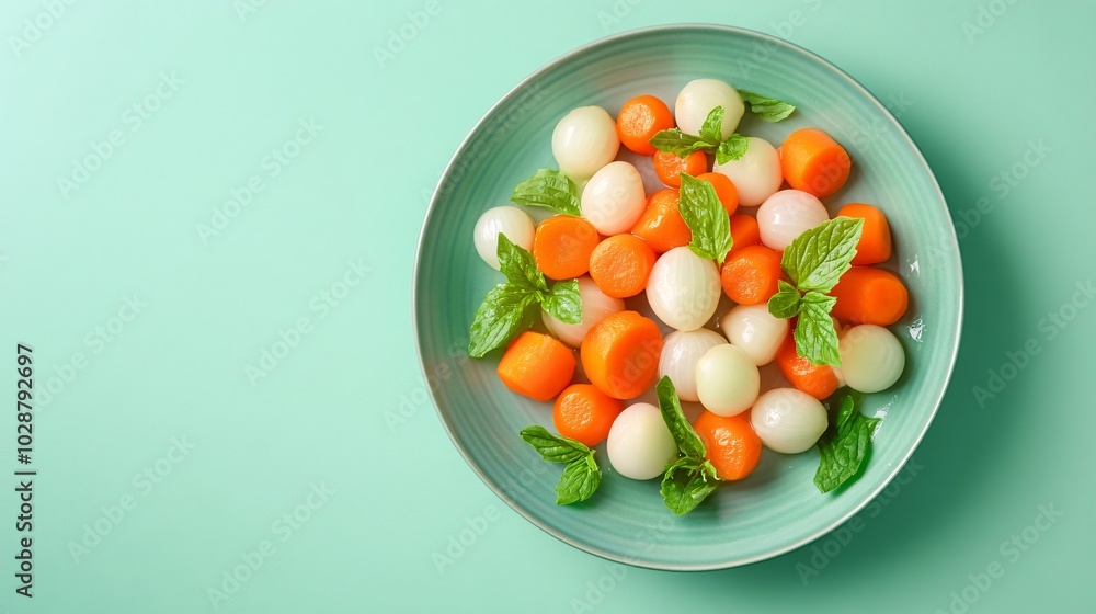 A colorful plate of pickled baby onions and carrots, isolated on a soft pastel green background with subtle geometric accents A colorful plate of pickled baby onions and carrots, isolated on a soft pastel green background with subtle geometric accents
