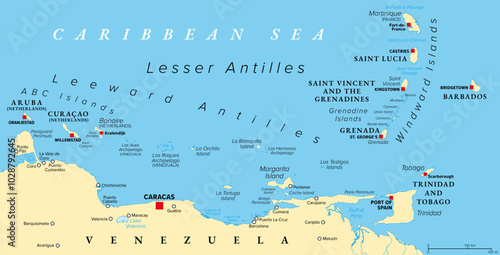 Hurricane free Caribbean islands, political map. The Leeward Antilles and Windward Islands are safest from Hurricanes. Aruba, Barbados, Bonaire, Curacao, Grenada, The Grenadines, Trinidad and Tobago.