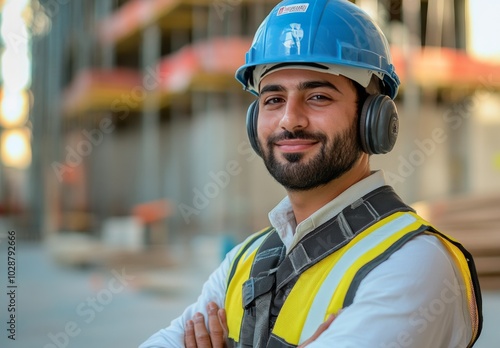 Construction worker smiling at a building site during daylight