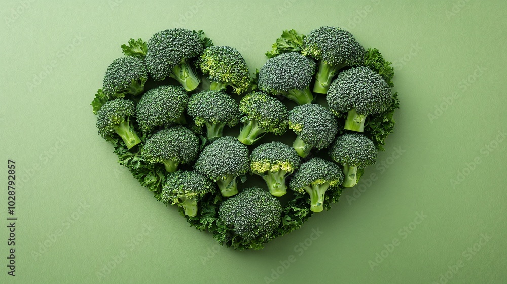 A heart shape formed by fresh broccoli, symbolizing health and love for nutritious food on a green background. A heart shape formed by fresh broccoli, symbolizing health and love for nutritious food on a green background.