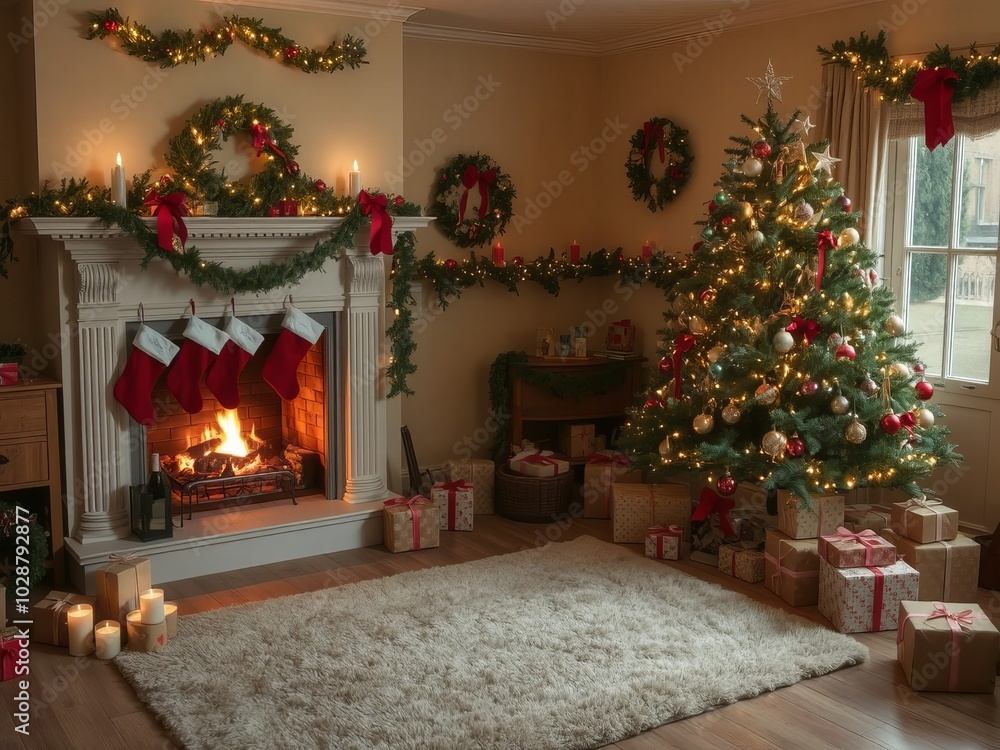 a living room with a fireplace, christmas tree, presents and presents. a living room with a fireplace, christmas tree, presents and presents.