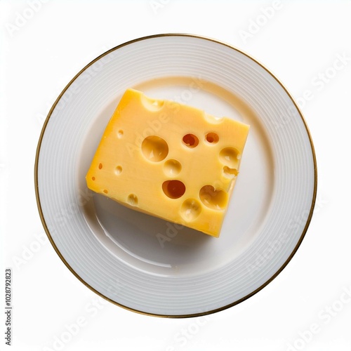 Cheese on white plate on white background top view