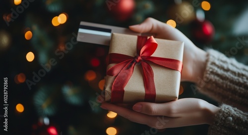 Hands hold a wrapped gift in front of a decorated Christmas tree this holiday...