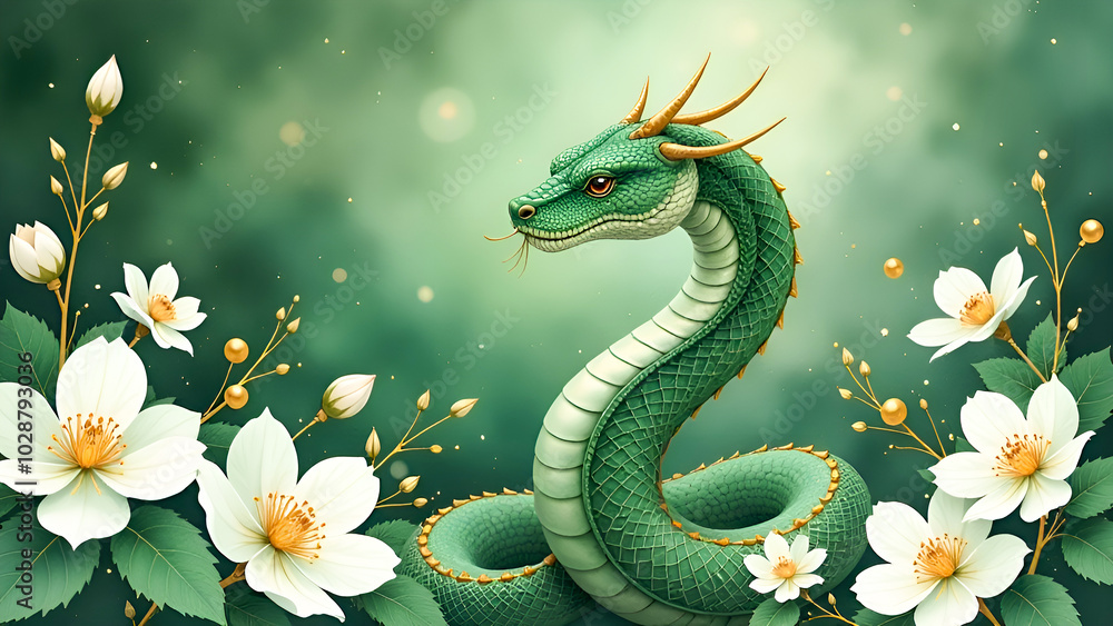 Fototapeta premium watercolor drawing of a serpent amidst white Blossoms