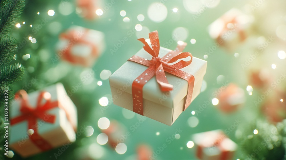 A festive scene featuring floating gift boxes adorned with red ribbons against a shimmering green background, evoking holiday joy. A festive scene featuring floating gift boxes adorned with red ribbons against a shimmering green background, evoking holiday joy.