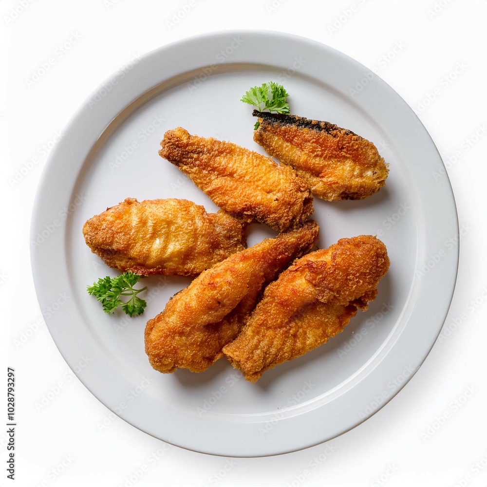 Fish fry on white plate on white background top view Fish fry on white plate on white background top view