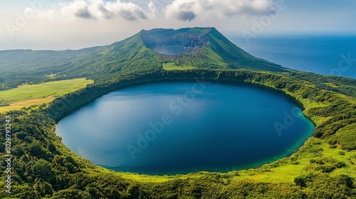 Stunning aerial view of a volcanic crater lake surrounded by lush green lands...