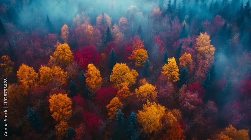 Naklejka premium Aerial View of a Foggy Forest in Autumn with Vibrant Colors