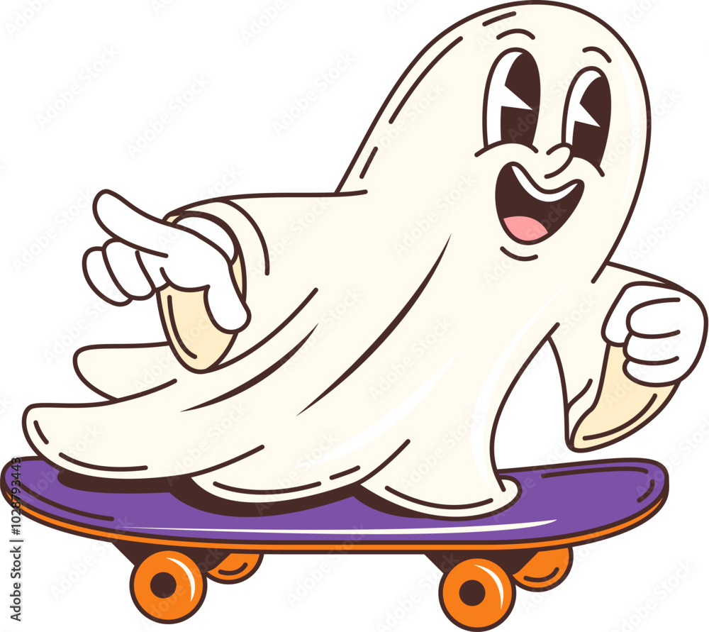 Groovy Halloween ghost character on skateboard for horror holiday ...