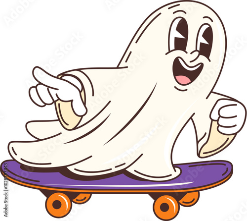 Groovy Halloween ghost character on skateboard for horror holiday, vector cartoon boo. Halloween holiday and horror night trick or treat party groovy cartoon character of funky ghost riding skateboard