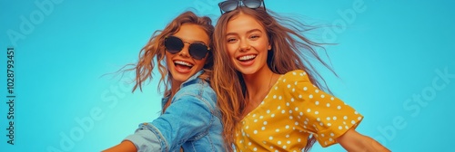 Two friends joyfully enjoying a sunny day outdoors in casual denim outfits ag...