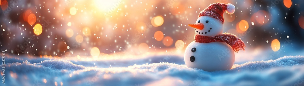 A cheerful snowman wearing a red scarf and hat stands amidst sparkling snowflakes, illuminated by a warm, glowing sunset. A cheerful snowman wearing a red scarf and hat stands amidst sparkling snowflakes, illuminated by a warm, glowing sunset.